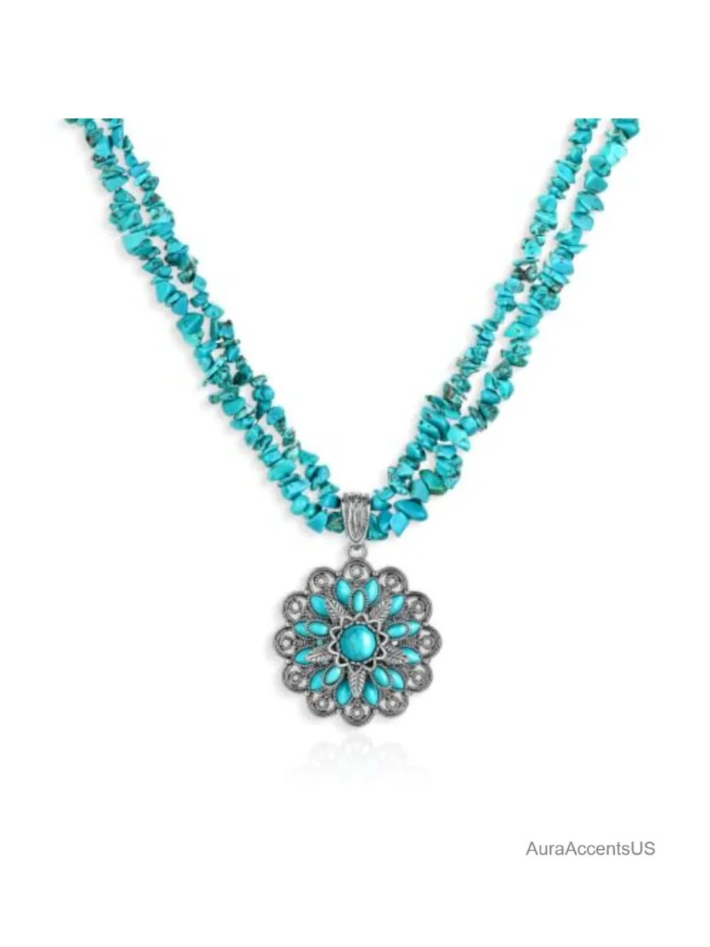 Montana West Floral Turquoise Pendant Chip Bead Layered Necklace